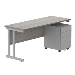 [COREBUNDU1660GOAKSV+USMP3SV] Double Upright Rectangular Desk + Under Desk Steel Pedestal 3 Drawers (FSC) | 1600X600 | Alaskan Grey Oak/Silver