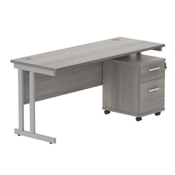 [COREBUNDU1660GOAKSV2] Double Upright Rectangular Desk + 2 Drawer Mobile Under Desk Pedestal (FSC) | 1600X600 | Alaskan Grey Oak/Silver