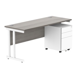 [COREBUNDU1660GOAKWH+USMP3WH] Double Upright Rectangular Desk + Under Desk Steel Pedestal 3 Drawers (FSC) | 1600X600 | Alaskan Grey Oak/White