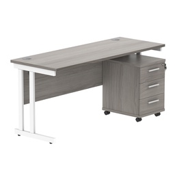[COREBUNDU1660GOAKWH3] Double Upright Rectangular Desk + 3 Drawer Mobile Under Desk Pedestal (FSC) | 1600X600 | Alaskan Grey Oak/White