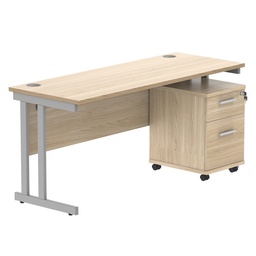 [COREBUNDU1660OKSV2] Double Upright Rectangular Desk + 2 Drawer Mobile Under Desk Pedestal (FSC) | 1600X600 | Canadian Oak/Silver