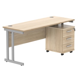 [COREBUNDU1660OKSV3] Double Upright Rectangular Desk + 3 Drawer Mobile Under Desk Pedestal (FSC) | 1600X600 | Canadian Oak/Silver