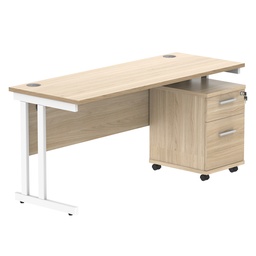 [COREBUNDU1660OKWH2] Double Upright Rectangular Desk + 2 Drawer Mobile Under Desk Pedestal (FSC) | 1600X600 | Canadian Oak/White