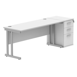 [COREBUNDU1660WHTSVDH] Double Upright Rectangular Desk + Desk High Pedestal (FSC) | 1600X600 | Arctic White/Silver
