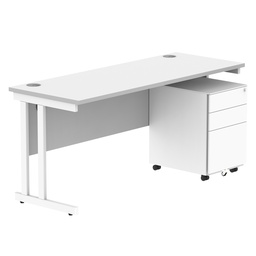 [COREBUNDU1660WHTWH+USMP3WH] Double Upright Rectangular Desk + Under Desk Steel Pedestal 3 Drawers (FSC) | 1600X600 | Arctic White/White
