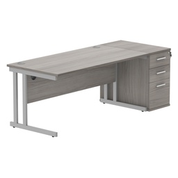 [COREBUNDU1680GOAKSVDH] Double Upright Rectangular Desk + Desk High Pedestal (FSC) | 1600X800 | Alaskan Grey Oak/Silver