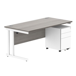 [COREBUNDU1680GOAKWH+USMP3WH] Double Upright Rectangular Desk + Under Desk Steel Pedestal 3 Drawers (FSC) | 1600X800 | Alaskan Grey Oak/White