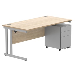 [COREBUNDU1680OKSV+USMP3SV] Double Upright Rectangular Desk + Under Desk Steel Pedestal 3 Drawers (FSC) | 1600X800 | Canadian Oak/Silver