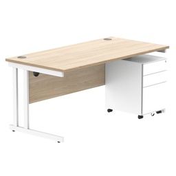 [COREBUNDU1680OKWH+USMP3WH] Double Upright Rectangular Desk + Under Desk Steel Pedestal 3 Drawers (FSC) | 1600X800 | Canadian Oak/White