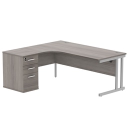 [COREBUNDU1812LGOAKSV] Double Upright Left Hand Radial Desk + Desk High Pedestal (FSC) | 600mm Deep Pedestal | 1800X1200 | Alaskan Grey Oak/Silver