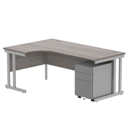 [COREBUNDU1812LGOAKSV+USMP3SV] Double Upright Left Hand Radial Desk + Under Desk Steel Pedestal 3 Drawers (FSC) | 1800X1200 | Alaskan Grey Oak/Silver