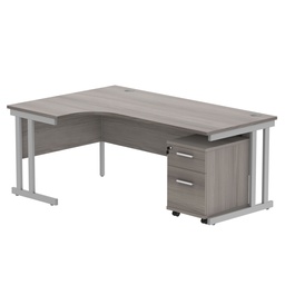 [COREBUNDU1812LGOAKSV2] Double Upright Left Hand Radial Desk + 2 Drawer Mobile Under Desk Pedestal (FSC) | 1800X1200 | Alaskan Grey Oak/Silver