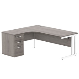 [COREBUNDU1812LGOAKWH] Double Upright Left Hand Radial Desk + Desk High Pedestal (FSC) | 600mm Deep Pedestal | 1800X1200 | Alaskan Grey Oak/White