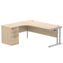 [COREBUNDU1812LOKSV] Double Upright Left Hand Radial Desk + Desk High Pedestal (FSC) | 600mm Deep Pedestal | 1800X1200 | Canadian Oak/Silver