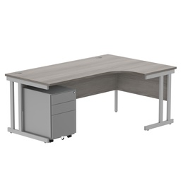 [COREBUNDU1812RGOAKSV+USMP3SV] Double Upright Right Hand Radial Desk + Under Desk Steel Pedestal 3 Drawers (FSC) | 1800X1200 | Alaskan Grey Oak/Silver