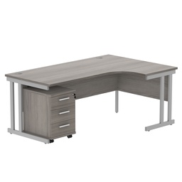 [COREBUNDU1812RGOAKSV3] Double Upright Right Hand Radial Desk + 3 Drawer Mobile Under Desk Pedestal (FSC) | 1800X1200 | Alaskan Grey Oak/Silver