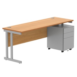 [COREBUNDU1860BCHSV+USMP3SV] Double Upright Rectangular Desk + Under Desk Steel Pedestal 3 Drawers (FSC) | 1800X600 | Norwegian Beech/Silver