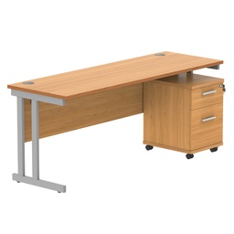 [COREBUNDU1860BCHSV2] Double Upright Rectangular Desk + 2 Drawer Mobile Under Desk Pedestal (FSC) | 1800X600 | Norwegian Beech/Silver