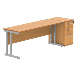 [COREBUNDU1860BCHSVDH] Double Upright Rectangular Desk + Desk High Pedestal (FSC) | 1800X600 | Norwegian Beech/Silver