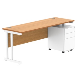 [COREBUNDU1860BCHWH+USMP3WH] Double Upright Rectangular Desk + Under Desk Steel Pedestal 3 Drawers (FSC) | 1800X600 | Norwegian Beech/White