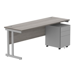 [COREBUNDU1860GOAKSV+USMP3SV] Double Upright Rectangular Desk + Under Desk Steel Pedestal 3 Drawers (FSC) | 1800X600 | Alaskan Grey Oak/Silver