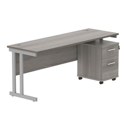 [COREBUNDU1860GOAKSV2] Double Upright Rectangular Desk + 2 Drawer Mobile Under Desk Pedestal (FSC) | 1800X600 | Alaskan Grey Oak/Silver