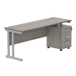 [COREBUNDU1860GOAKSV3] Double Upright Rectangular Desk + 3 Drawer Mobile Under Desk Pedestal (FSC) | 1800X600 | Alaskan Grey Oak/Silver