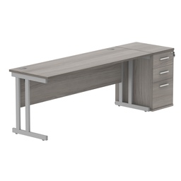 [COREBUNDU1860GOAKSVDH] Double Upright Rectangular Desk + Desk High Pedestal (FSC) | 1800X600 | Alaskan Grey Oak/Silver