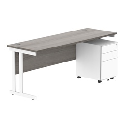 [COREBUNDU1860GOAKWH+USMP3WH] Double Upright Rectangular Desk + Under Desk Steel Pedestal 3 Drawers (FSC) | 1800X600 | Alaskan Grey Oak/White