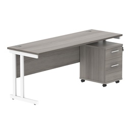 [COREBUNDU1860GOAKWH2] Double Upright Rectangular Desk + 2 Drawer Mobile Under Desk Pedestal (FSC) | 1800X600 | Alaskan Grey Oak/White
