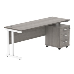[COREBUNDU1860GOAKWH3] Double Upright Rectangular Desk + 3 Drawer Mobile Under Desk Pedestal (FSC) | 1800X600 | Alaskan Grey Oak/White