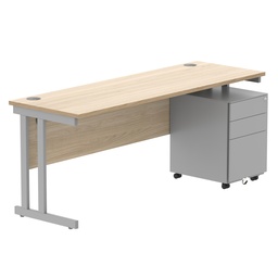 [COREBUNDU1860OKSV+USMP3SV] Double Upright Rectangular Desk + Under Desk Steel Pedestal 3 Drawers (FSC) | 1800X600 | Canadian Oak/Silver