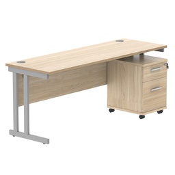 [COREBUNDU1860OKSV2] Double Upright Rectangular Desk + 2 Drawer Mobile Under Desk Pedestal (FSC) | 1800X600 | Canadian Oak/Silver