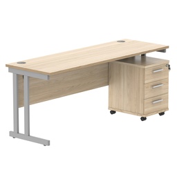 [COREBUNDU1860OKSV3] Double Upright Rectangular Desk + 3 Drawer Mobile Under Desk Pedestal (FSC) | 1800X600 | Canadian Oak/Silver
