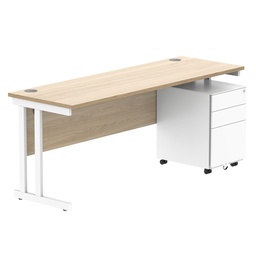[COREBUNDU1860OKWH+USMP3WH] Double Upright Rectangular Desk + Under Desk Steel Pedestal 3 Drawers (FSC) | 1800X600 | Canadian Oak/White