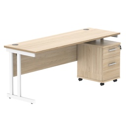 [COREBUNDU1860OKWH2] Double Upright Rectangular Desk + 2 Drawer Mobile Under Desk Pedestal (FSC) | 1800X600 | Canadian Oak/White