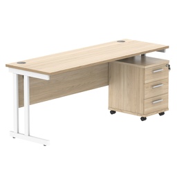 [COREBUNDU1860OKWH3] Double Upright Rectangular Desk + 3 Drawer Mobile Under Desk Pedestal (FSC) | 1800X600 | Canadian Oak/White