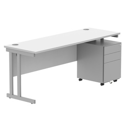 [COREBUNDU1860WHTSV+USMP3SV] Double Upright Rectangular Desk + Under Desk Steel Pedestal 3 Drawers (FSC) | 1800X600 | Arctic White/Silver