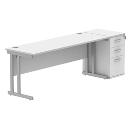 [COREBUNDU1860WHTSVDH] Double Upright Rectangular Desk + Desk High Pedestal (FSC) | 1800X600 | Arctic White/Silver