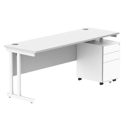 [COREBUNDU1860WHTWH+USMP3WH] Double Upright Rectangular Desk + Under Desk Steel Pedestal 3 Drawers (FSC) | 1800X600 | Arctic White/White