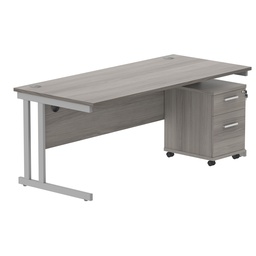 [COREBUNDU1880GOAKSV2] Double Upright Rectangular Desk + 2 Drawer Mobile Under Desk Pedestal (FSC) | 1800X800 | Alaskan Grey Oak/Silver