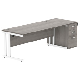 [COREBUNDU1880GOAKSVDH] Double Upright Rectangular Desk + Desk High Pedestal (FSC) | 1800X800 | Alaskan Grey Oak/Silver