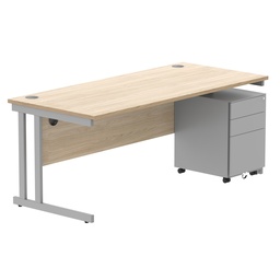 [COREBUNDU1880OKSV+USMP3SV] Double Upright Rectangular Desk + Under Desk Steel Pedestal 3 Drawers (FSC) | 1800X800 | Canadian Oak/Silver