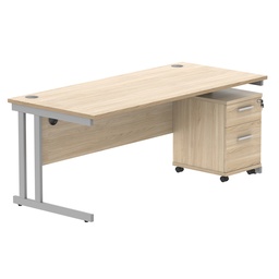 [COREBUNDU1880OKSV2] Double Upright Rectangular Desk + 2 Drawer Mobile Under Desk Pedestal (FSC) | 1800X800 | Canadian Oak/Silver