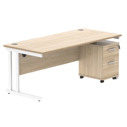 [COREBUNDU1880OKWH2] Double Upright Rectangular Desk + 2 Drawer Mobile Under Desk Pedestal (FSC) | 1800X800 | Canadian Oak/White