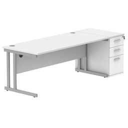 [COREBUNDU1880WHTSVDH] Double Upright Rectangular Desk + Desk High Pedestal (FSC) | 1800X800 | Arctic White/Silver