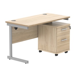 [COREBUNSU1260OKSV2] Single Upright Rectangular Desk + 2 Drawer Mobile Under Desk Pedestal (FSC) | 1200 X 600 | Canadian Oak/Silver
