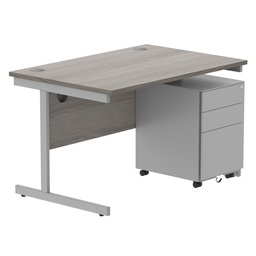 [COREBUNSU1280GOAKSV+USMP3SV] CORE Single Upright Rectangular Desk + Under Desk Steel Pedestal 3 Drawers (FSC) | 1200 X 800 | Alaskan Grey Oak/Silver