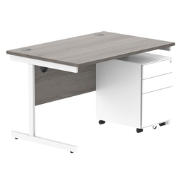 [COREBUNSU1280GOAKWH+USMP3WH] CORE Single Upright Rectangular Desk + Under Desk Steel Pedestal 3 Drawers (FSC) | 1200 X 800 | Alaskan Grey Oak/White