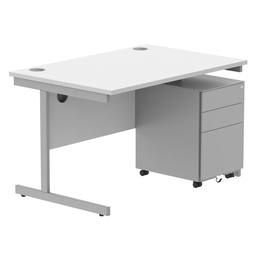 [COREBUNSU1280WHTSV+USMP3SV] CORE Single Upright Rectangular Desk + Under Desk Steel Pedestal 3 Drawers (FSC) | 1200 X 800 | Arctic White/Silver